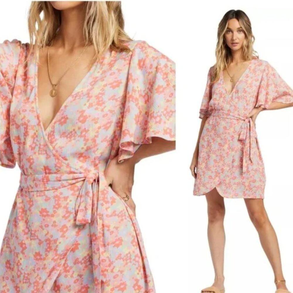 Billabong Dress Size XS Pink Floral Wrap Dress Flutter Sleeve V Neck NWT